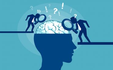 Colorful vector illustration of scientists researching brain and psychology of human on blue background