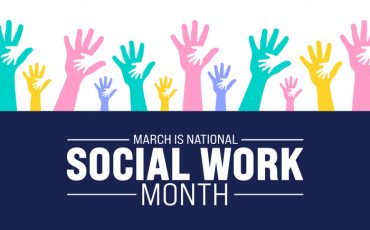 March is Social Work Month background template with hand rising up showing strong power.